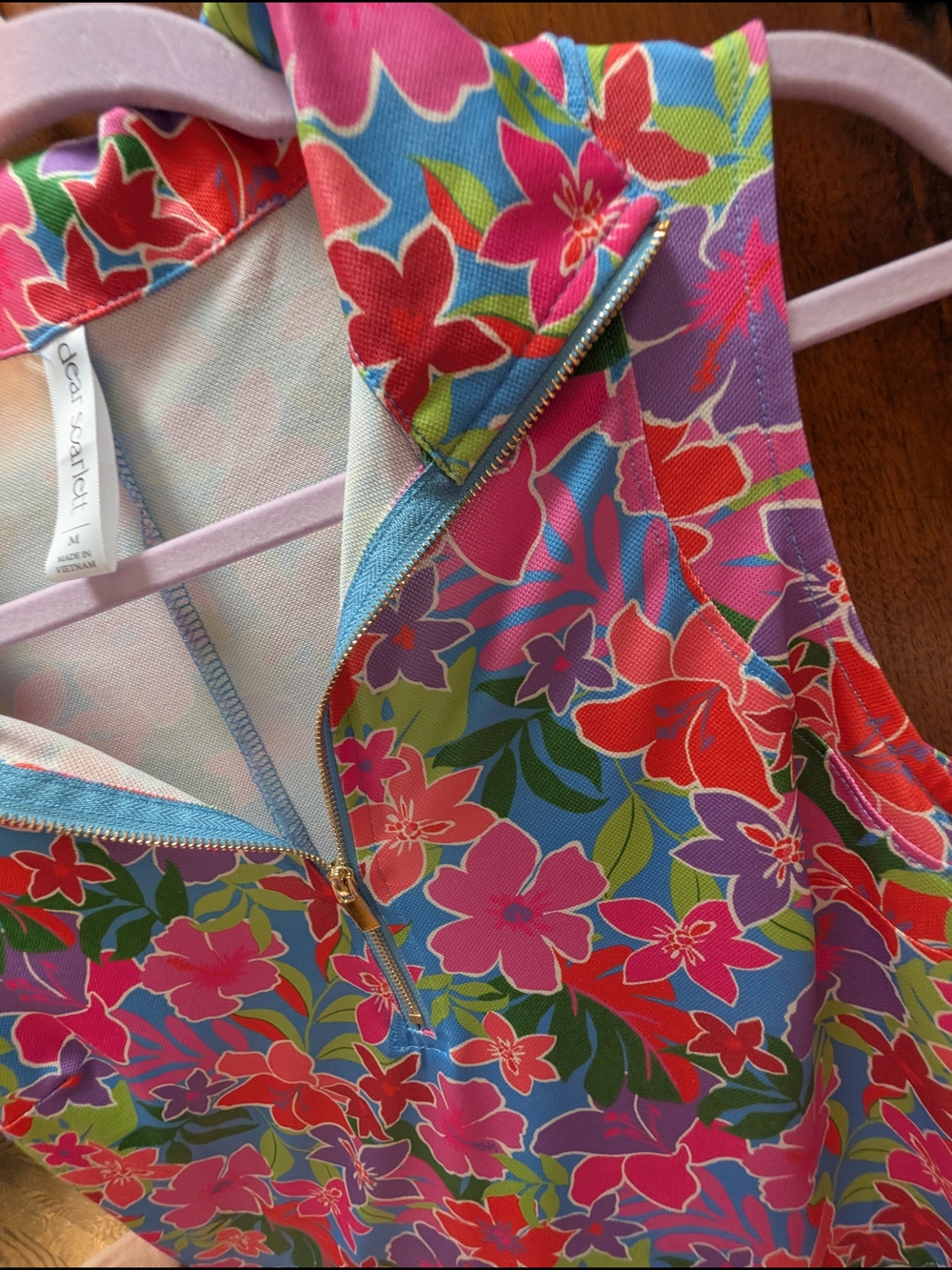 Bright Pink Floral Sleeveless Polo Dress with Green Leaf Accents - Picture 3 of 5